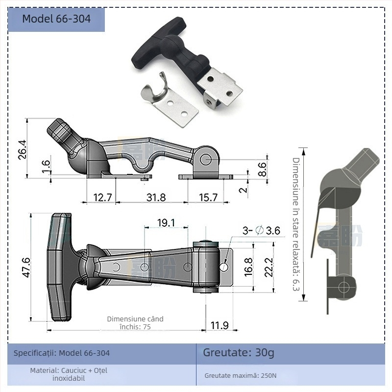 Cuplă de blocare elastică pentru cutie de unelte, tip T – KK709, material: cauciuc + oțel carbon, pentru containere și cutii de distribuție