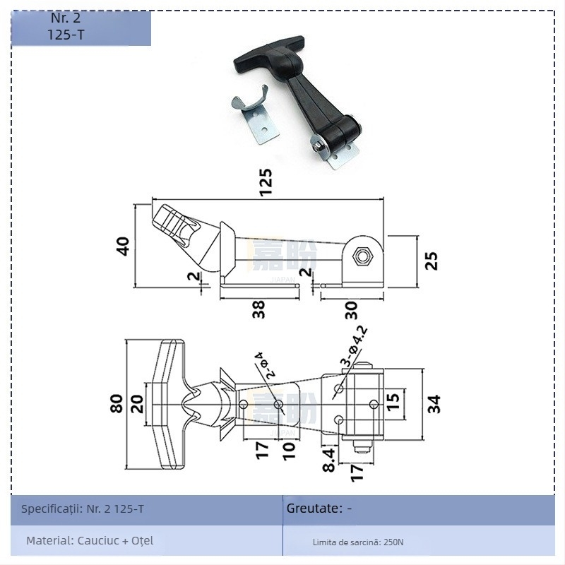 Cuplă de blocare elastică pentru cutie de unelte, tip T – KK709, material: cauciuc + oțel carbon, pentru containere și cutii de distribuție