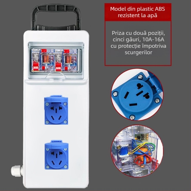Cutie electrică portabilă pentru șantier cu protecție la scurgeri, IP54, montaj pe suprafață, carcasă din policarbonat, prize plug-in
