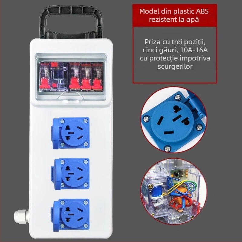 Cutie electrică portabilă pentru șantier cu protecție la scurgeri, IP54, montaj pe suprafață, carcasă din policarbonat, prize plug-in