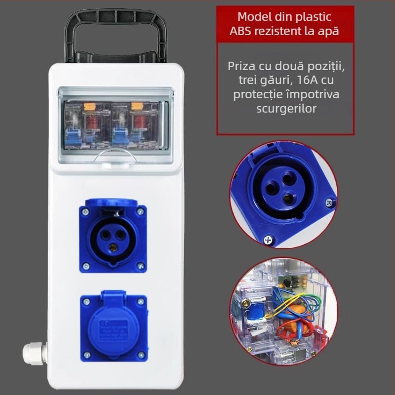 Cutie electrică portabilă pentru șantier cu protecție la scurgeri, IP54, montaj pe suprafață, carcasă din policarbonat, prize plug-in