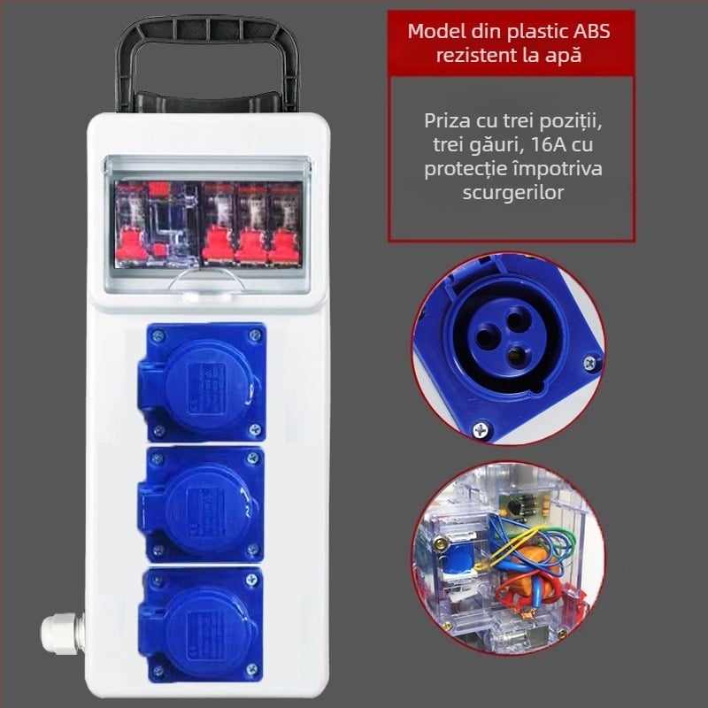 Cutie electrică portabilă pentru șantier cu protecție la scurgeri, IP54, montaj pe suprafață, carcasă din policarbonat, prize plug-in