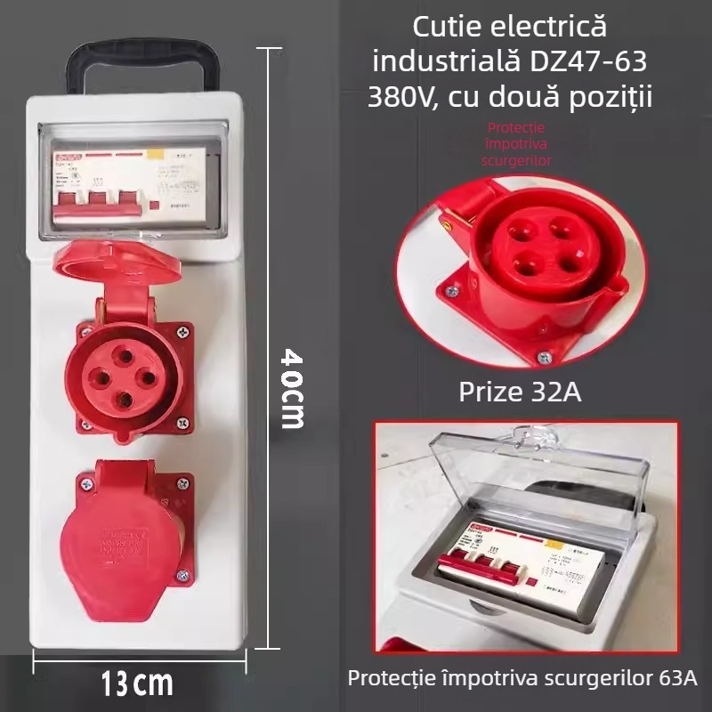 Cutie electrică portabilă pentru șantier cu protecție la scurgeri, IP54, montaj pe suprafață, carcasă din policarbonat, prize plug-in
