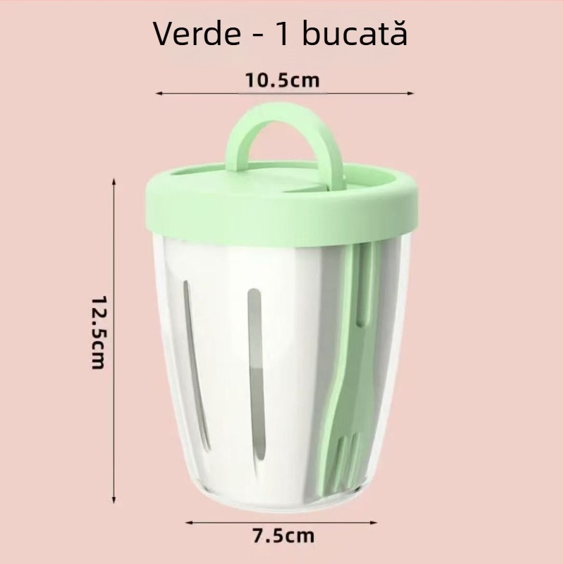 Recipient portabil pentru fructe cu furculiță încorporată, PP de calitate alimentară, cilindric, capacitate sub 300 ml, drenaj