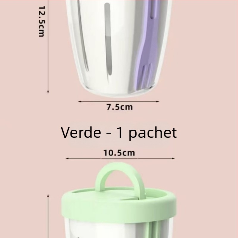 Recipient portabil pentru fructe cu furculiță încorporată, PP de calitate alimentară, cilindric, capacitate sub 300 ml, drenaj