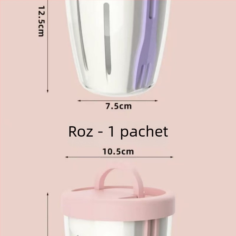 Recipient portabil pentru fructe cu furculiță încorporată, PP de calitate alimentară, cilindric, capacitate sub 300 ml, drenaj