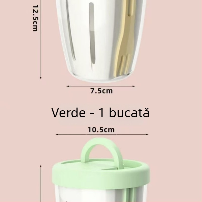 Recipient portabil pentru fructe cu furculiță încorporată, PP de calitate alimentară, cilindric, capacitate sub 300 ml, drenaj