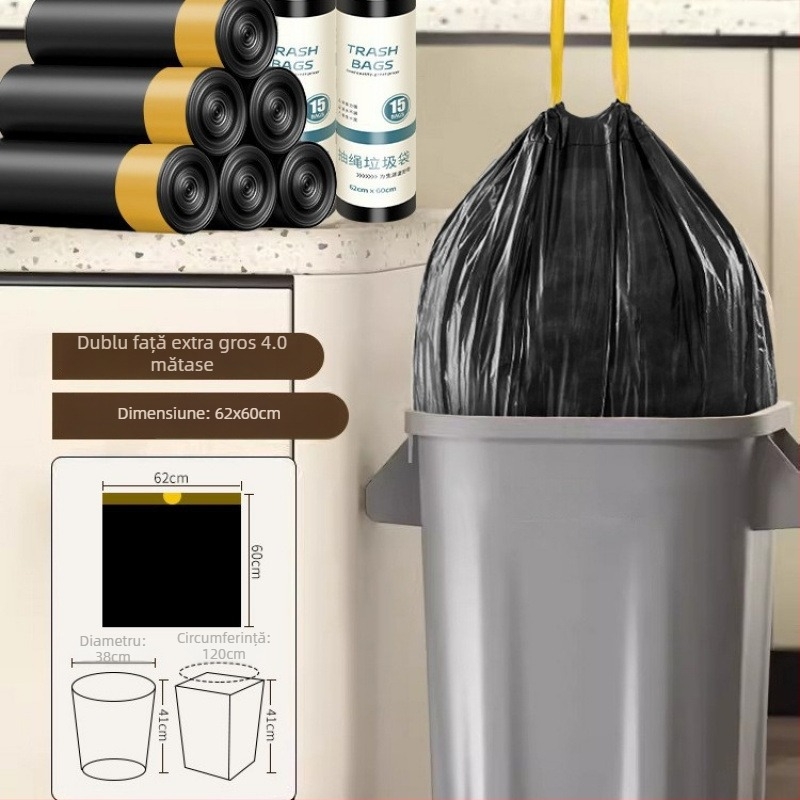 Sac de gunoi cu șnur, PE gros, reutilizabil, pentru uz casnic