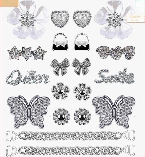 Set decor pentru sandale: perle, floare cu patru frunze, decor pentru pantof, lanț cu inimă și diamant — model 654984; stil: cataramă; potrivit pentru vară, primăvară, toamnă, iarnă