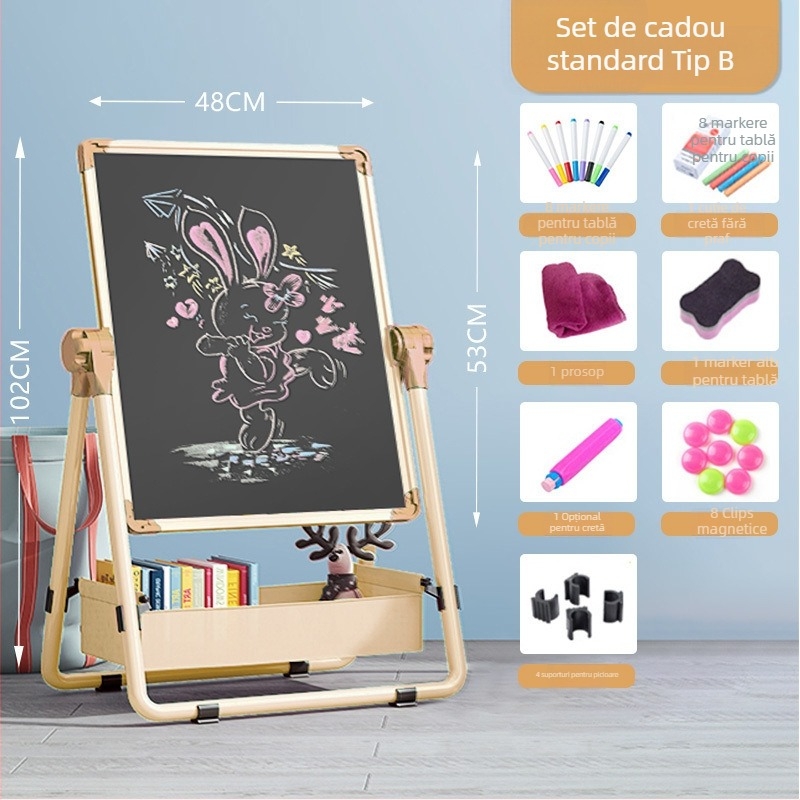 Tablă de desen pentru copii, cu suport, dublă fațetă magnetică și lavabilă, cadru din aliaj