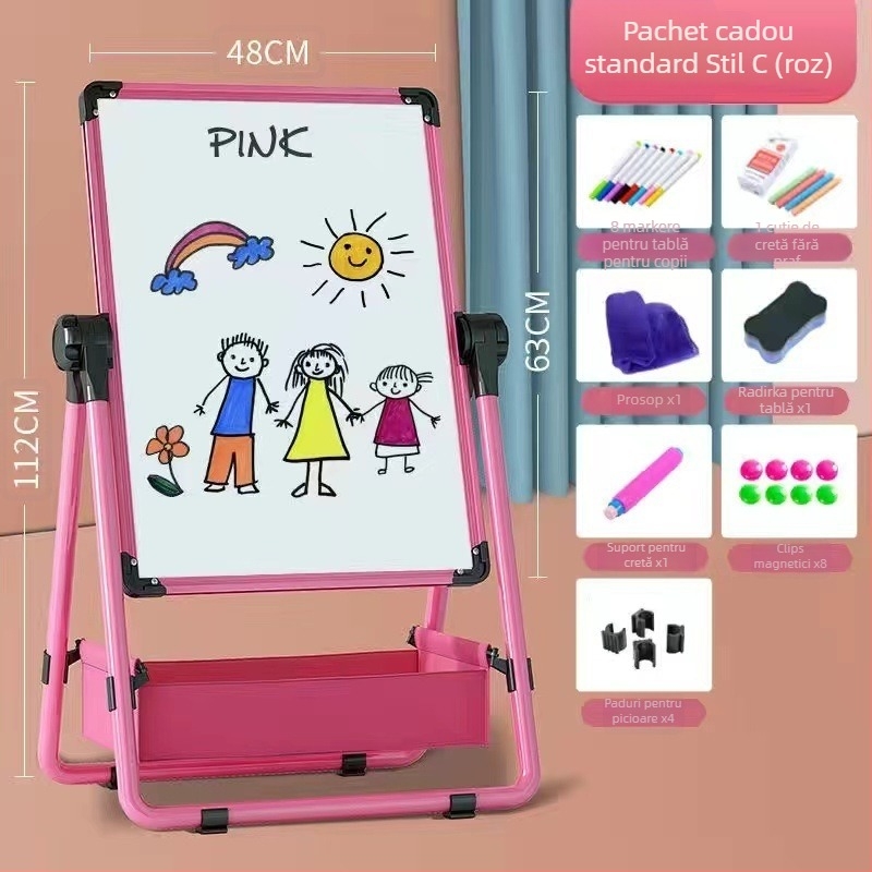 Tablă de desen pentru copii, cu suport, dublă fațetă magnetică și lavabilă, cadru din aliaj