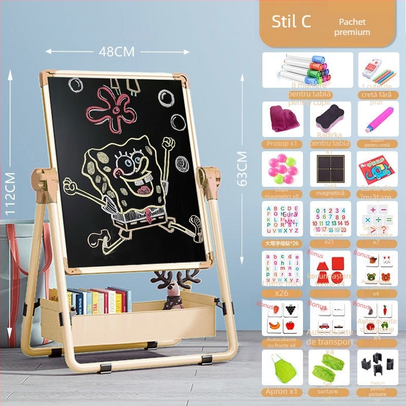 Tablă de desen pentru copii, cu suport, dublă fațetă magnetică și lavabilă, cadru din aliaj