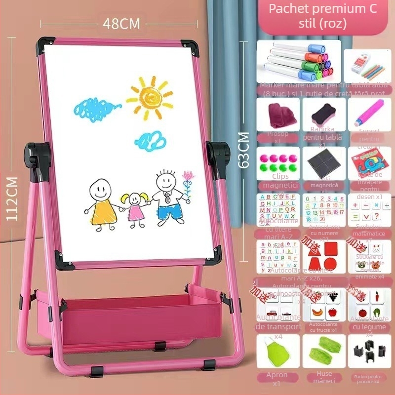 Tablă de desen pentru copii, cu suport, dublă fațetă magnetică și lavabilă, cadru din aliaj