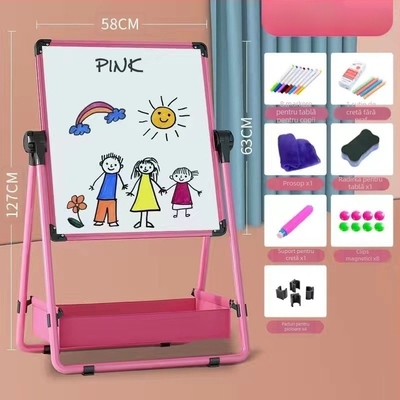 Tablă de desen pentru copii, cu suport, dublă fațetă magnetică și lavabilă, cadru din aliaj