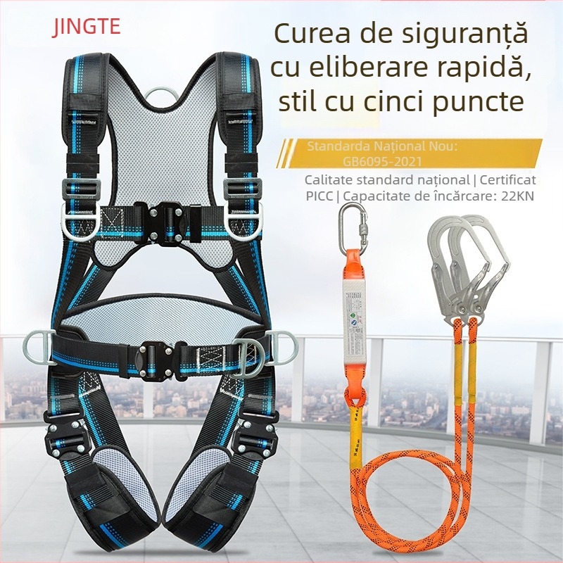 Hamă de siguranță cu cinci puncte pentru corpul întreg, protecție la spate și la picioare, încuietoare, pentru lucru la înălțime și în construcții