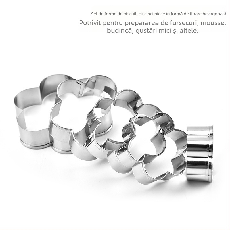 Set forme biscuiți din oțel inoxidabil cu floare hexagonală, cinci piese, pentru coacere biscuiți și prăjituri