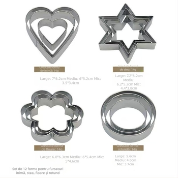 Set de 12 forme pentru biscuiți din oțel inoxidabil, forme: stea, floare, cerc și inimă — BT144