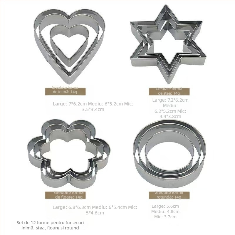 Set de 12 forme pentru biscuiți din oțel inoxidabil, forme: stea, floare, cerc și inimă — BT144