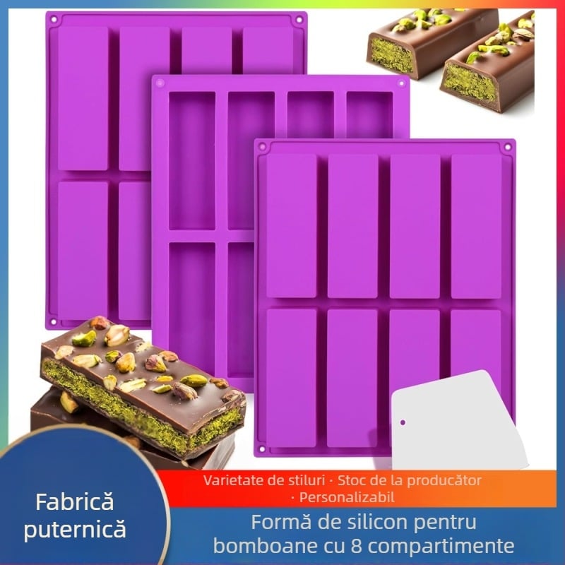Set de 8 forme dreptunghiulare din silicon pentru săpun și cofetărie, săpunuri handmade cu arome, decorare prăjituri, ciocolată, fursecuri și nugât