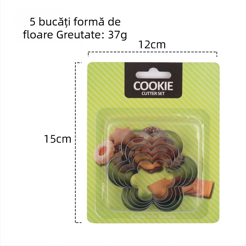 Set de 5 forme pentru biscuiți din oțel inoxidabil, cu forme: cerc, inimă, stea și floare