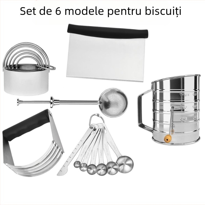 Set de 6 forme pentru biscuiți din oțel inox, cu sită de făină, formă rotundă, stil minimalist modern