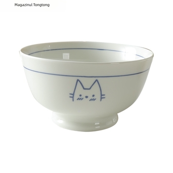 Bol ceramic japonez cu sub-glazură, motiv pisică, pentru orez, cu floare de mătase, formă rotundă, model 69850, scop general