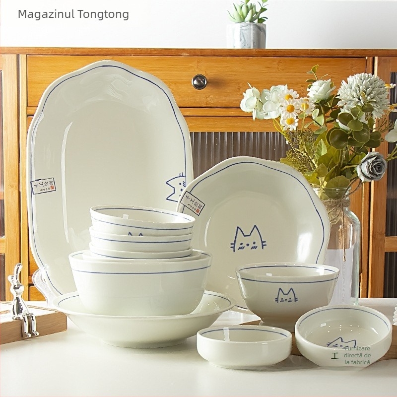 Bol ceramic japonez cu sub-glazură, motiv pisică, pentru orez, cu floare de mătase, formă rotundă, model 69850, scop general