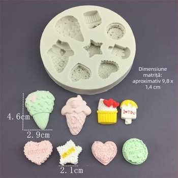 Formă din silicon pentru copt, cu forme mini fructe (roșie, căpșună, măr, pepene) pentru ciocolată, înghețată și fondant; ambalaj într-o pungă unică