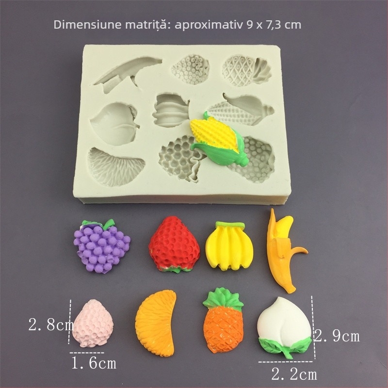 Formă din silicon pentru copt, cu forme mini fructe (roșie, căpșună, măr, pepene) pentru ciocolată, înghețată și fondant; ambalaj într-o pungă unică