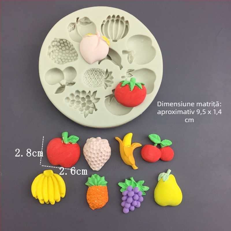 Formă din silicon pentru copt, cu forme mini fructe (roșie, căpșună, măr, pepene) pentru ciocolată, înghețată și fondant; ambalaj într-o pungă unică