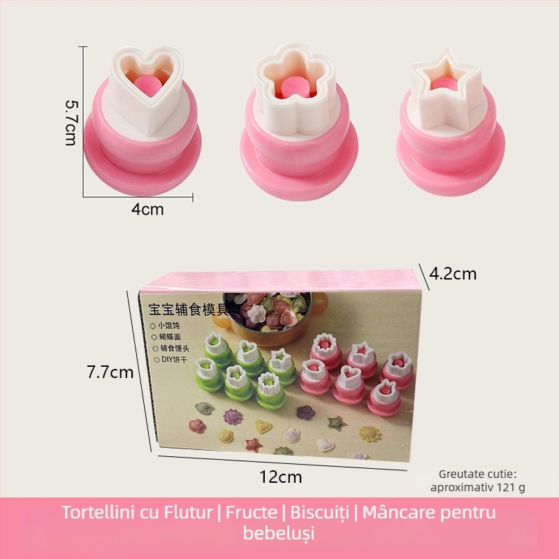 Formă DIY pentru bucăți bebeluș, cu embossing în formă de fluture și motiv de ciupercă, oțel inoxidabil, formă rotundă