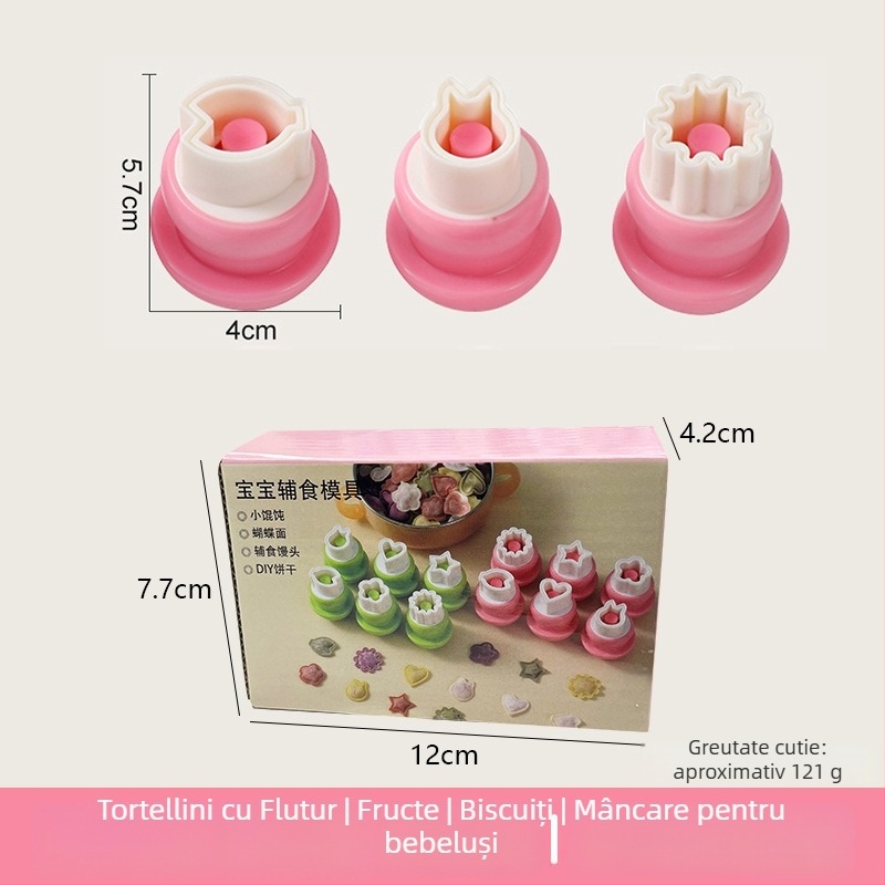 Formă DIY pentru bucăți bebeluș, cu embossing în formă de fluture și motiv de ciupercă, oțel inoxidabil, formă rotundă