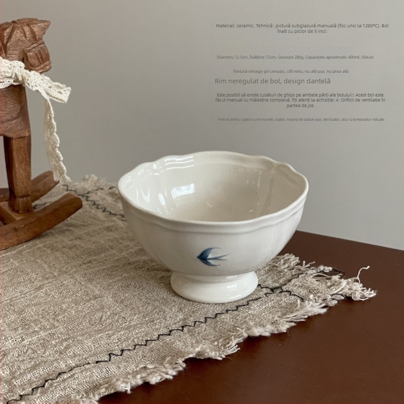 Bol ceramic înalt cu motiv de lăstun, culoare sub glazură, stil retro, compatibil cu microunde