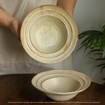 Bol ceramic cu formă neregulată, stil retro, glazură lucioasă, compatibil cu microunde