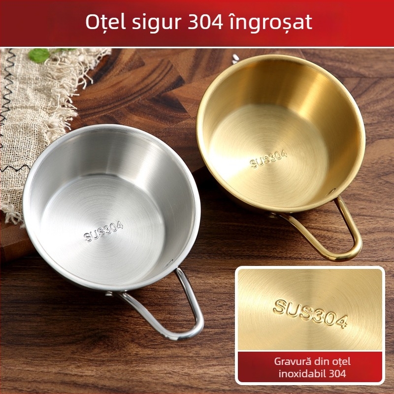 Bol Makgeolli cu mâner, oală din oțel inoxidabil pentru camping, finisaj auriu, diametre 10–13,9 cm