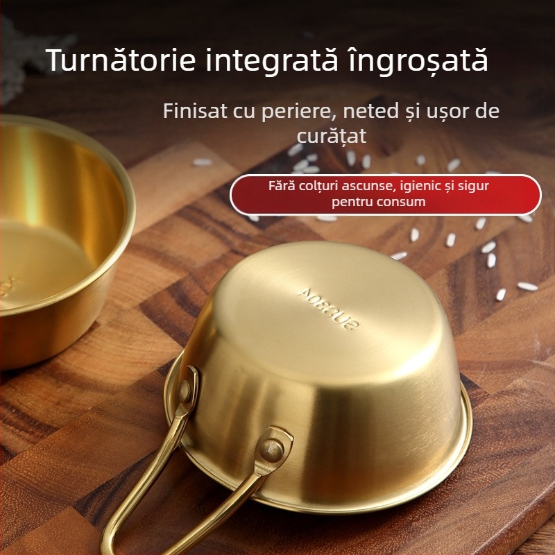 Bol Makgeolli cu mâner, oală din oțel inoxidabil pentru camping, finisaj auriu, diametre 10–13,9 cm