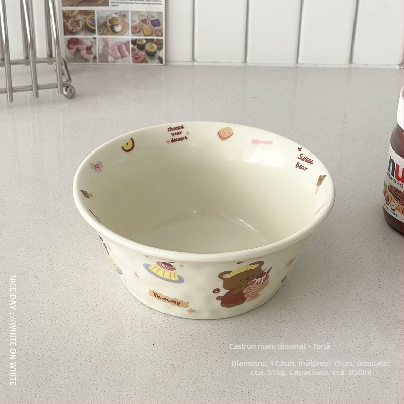 Vas din porțelan multifuncțional, compatibil cu microundele, cu model cartoon, formă Kui Kou, finisaj decal la temperaturi înalte