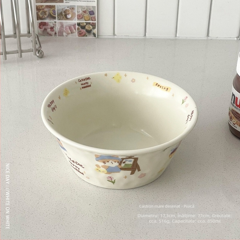 Vas din porțelan multifuncțional, compatibil cu microundele, cu model cartoon, formă Kui Kou, finisaj decal la temperaturi înalte