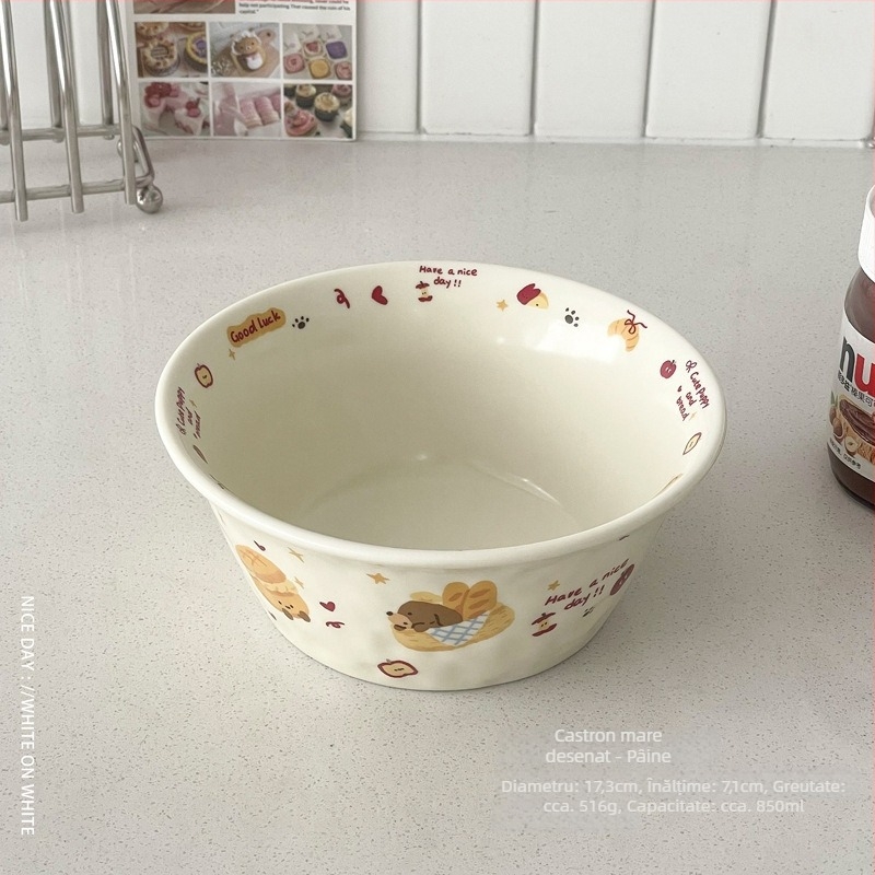 Vas din porțelan multifuncțional, compatibil cu microundele, cu model cartoon, formă Kui Kou, finisaj decal la temperaturi înalte