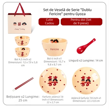 Set ceramic de veselă – boluri și farfurii, 4 seturi, stil modern chinezesc, suprafață cu sub-glazură și decal la temperaturi înalte, potrivit pentru microunde