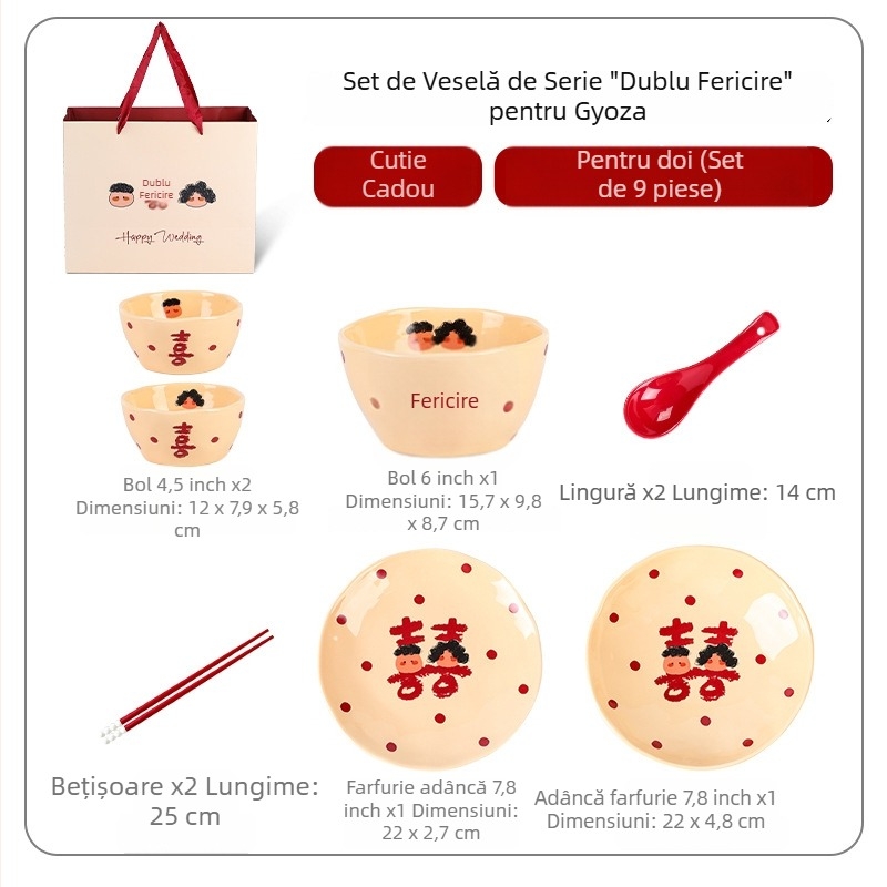 Set ceramic de veselă – boluri și farfurii, 4 seturi, stil modern chinezesc, suprafață cu sub-glazură și decal la temperaturi înalte, potrivit pentru microunde