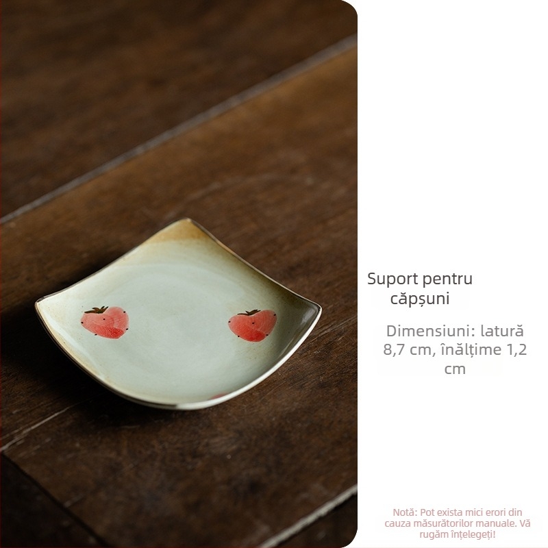 Shanding suport de ceai pictat manual cu căpșuni — ceramică, origine Dehua