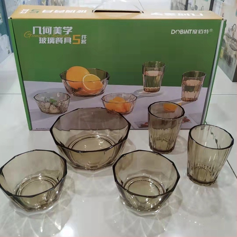 Set de veselă din sticlă, estetic geometric, 2 sau 5 piese, boluri rotunde, compatibil cu microunde