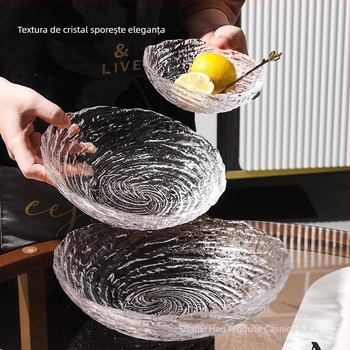 Vas de sticlă cu model de gheață: boluri și farfurii neregulate pentru fructe, farfurii transparente pentru deserturi, boluri pentru zahăr cu apă; handmade, posibilitate de personalizare, stil modern minimalist