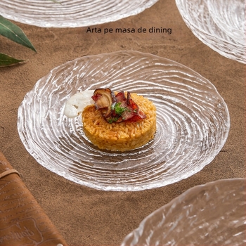 Vas de sticlă cu model de gheață: boluri și farfurii neregulate pentru fructe, farfurii transparente pentru deserturi, boluri pentru zahăr cu apă; handmade, posibilitate de personalizare, stil modern minimalist