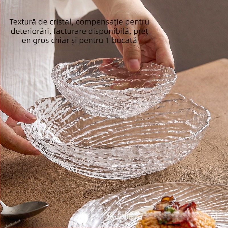 Vas de sticlă cu model de gheață: boluri și farfurii neregulate pentru fructe, farfurii transparente pentru deserturi, boluri pentru zahăr cu apă; handmade, posibilitate de personalizare, stil modern minimalist