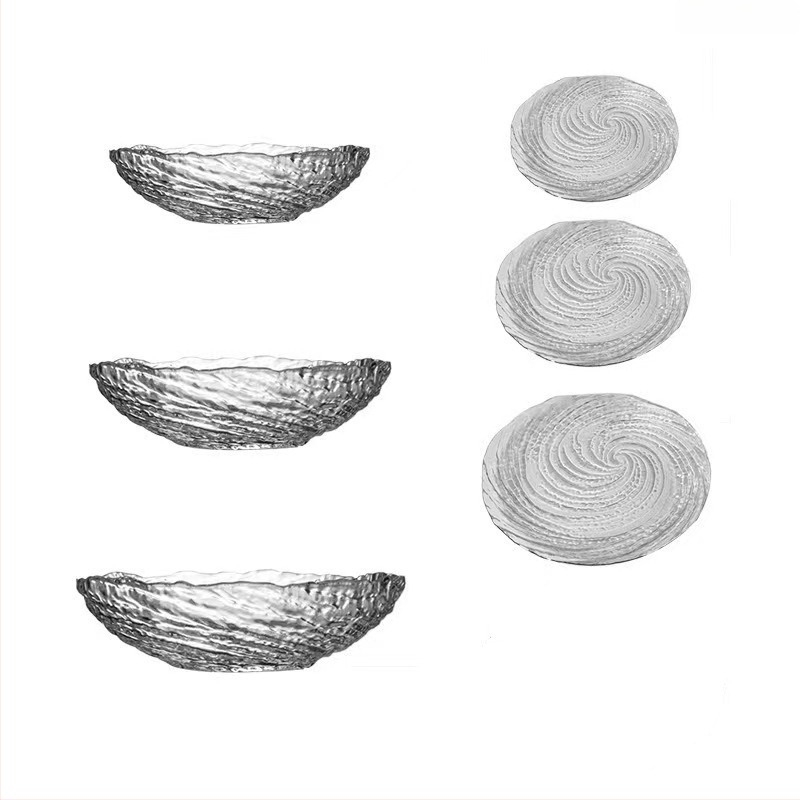 Vas de sticlă cu model de gheață: boluri și farfurii neregulate pentru fructe, farfurii transparente pentru deserturi, boluri pentru zahăr cu apă; handmade, posibilitate de personalizare, stil modern minimalist