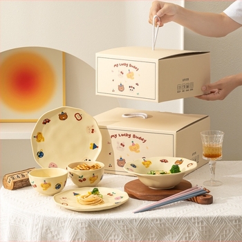 Set de veselă din porțelan pentru o singură persoană, cu design cartoon, compatibil cu microundele, stil proaspăt și drăguț, personalizare disponibilă