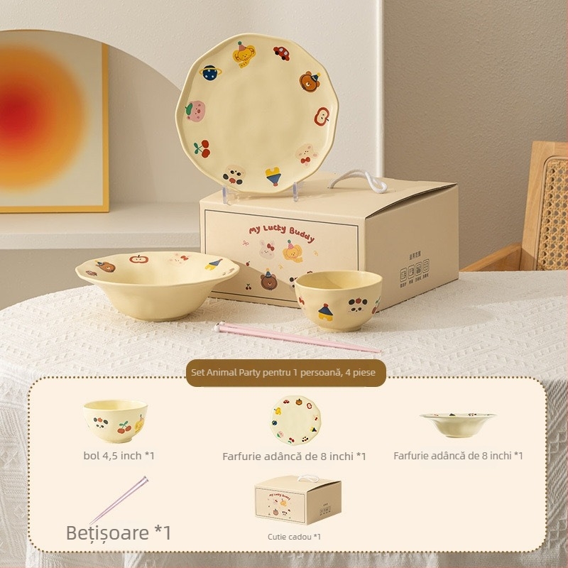 Set de veselă din porțelan pentru o singură persoană, cu design cartoon, compatibil cu microundele, stil proaspăt și drăguț, personalizare disponibilă