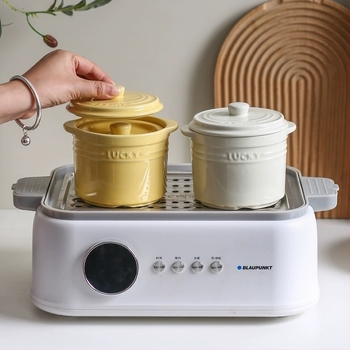 Vas ceramic pentru ouă la abur cu capac dublu – porție pentru o singură persoană, compatibil cu microunde, finisaj glazură monocrom